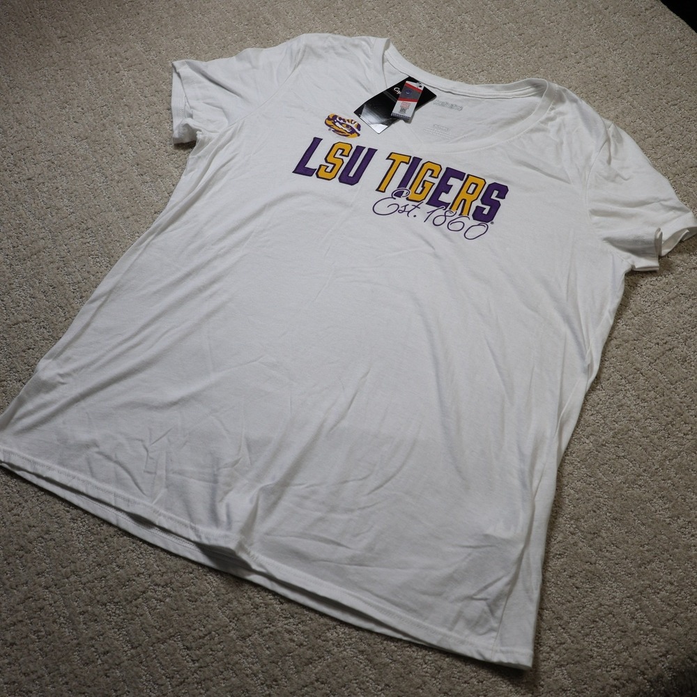Captivating LSU Tigers Womens XL White V-Neck Short Sleeve T-Shirt NWT